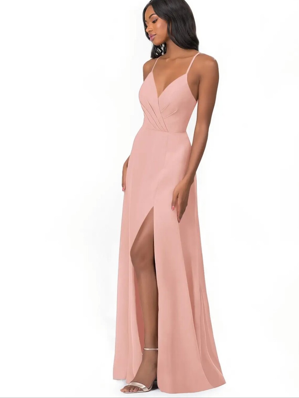 Azazie Blush Pink Spaghetti-Strap V-Neck Maxi Gown